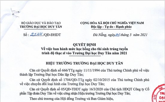 Đại học Duy Tân công bố mức học bổng cho thí sinh trúng tuyển trình độ Thạc sĩ
