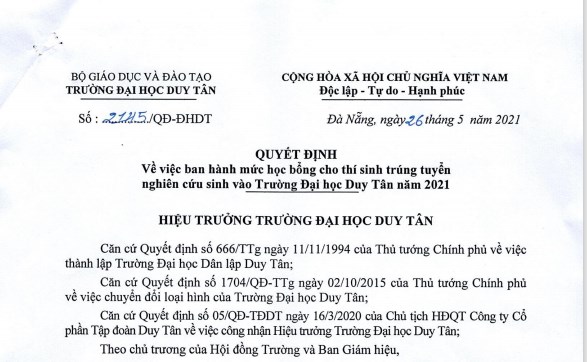 Đại học Duy Tân công bố mức học bổng cho thí sinh trúng tuyển Nghiên cứu sinh