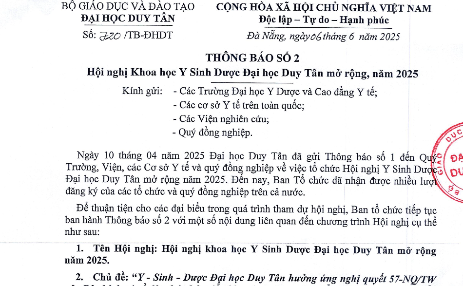 THÔNG BÁO SỐ 2 - HỘI NGHỊ KHOA HỌC Y SINH DƯỢC ĐẠI HỌC DUY TÂN MỞ RỘNG NĂM 2025