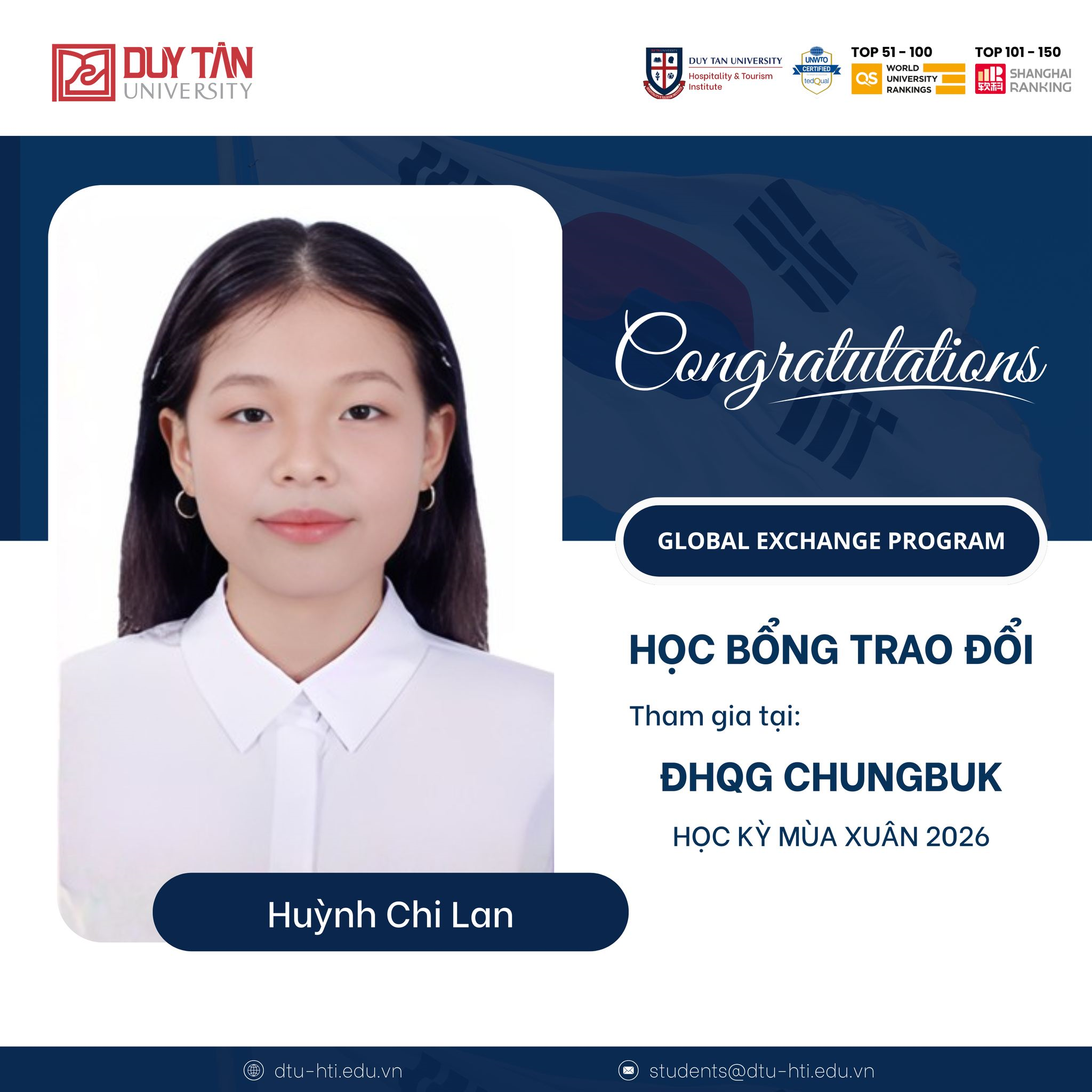 SINH VIÊN HUỲNH CHI LAN (K30CSH) XUẤT SẮC GIÀNH HỌC BỔNG TRAO ĐỔI TẠI ĐẠI HỌC QUỐC GIA CHUNGBUK – HÀN QUỐC