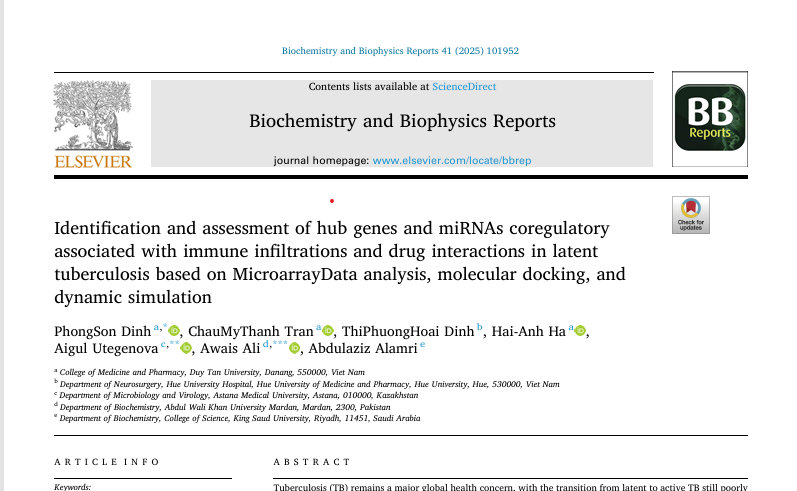 Nhận diện và đánh giá các gene trung tâm (hub genes) và mạng lưới đồng điều hòa miRNA liên quan đến sự xâm nhiễm miễn dịch và tương tác thuốc trong lao tiềm ẩn dựa trên phân tích dữ liệu Microarray, docking phân tử và mô phỏng động lực học