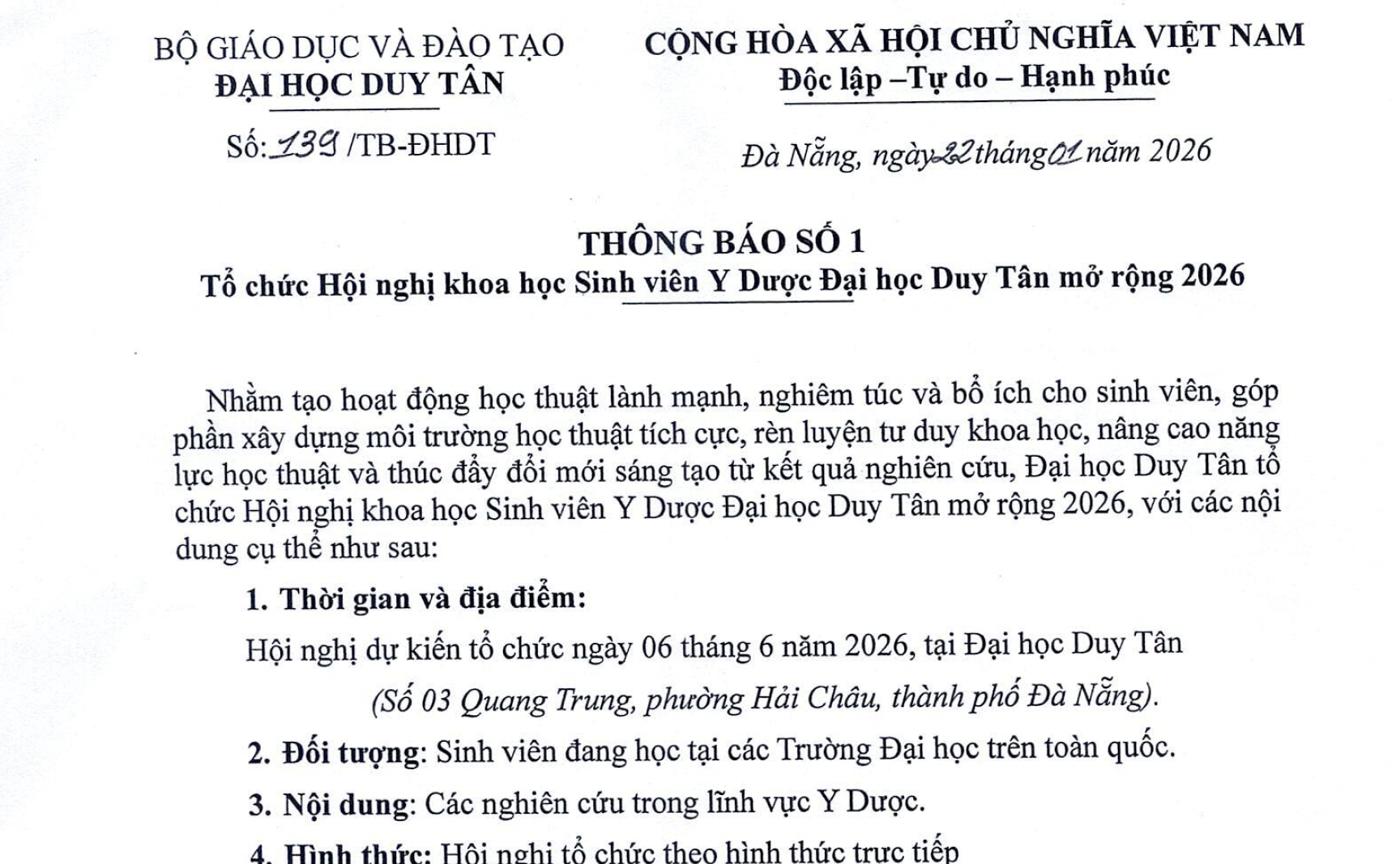 THÔNG BÁO SỐ 1 - HỘI NGHỊ SINH VIÊN Y DƯỢC MỞ RỘNG 2026