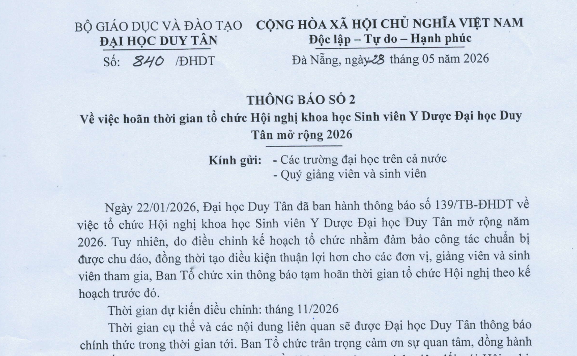 THÔNG BÁO SỐ 2 - VỀ VIỆC HOÃN THỜI GIAN TỔ CHỨC HỘI NGHỊ SINH VIÊN Y DƯỢC DUY TÂN MỞ RỘNG 2026