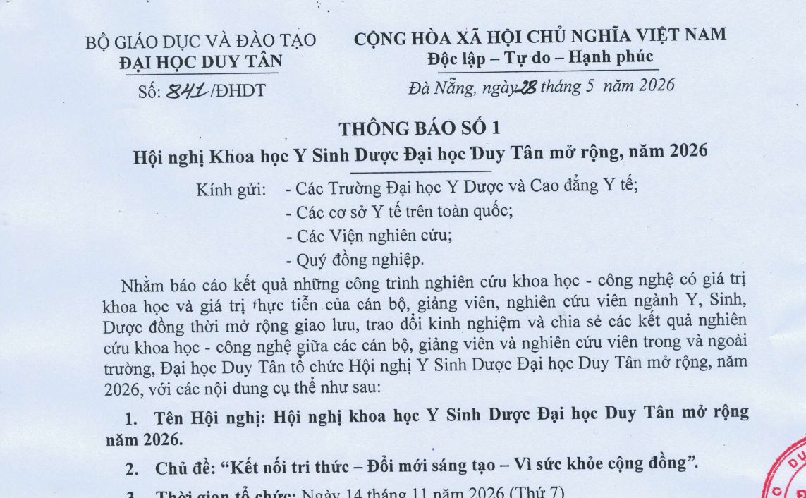 THÔNG BÁO SỐ 1 - HỘI NGHỊ KHOA HỌC Y SINH DƯỢC DUY TÂN MỞ RỘNG 2026