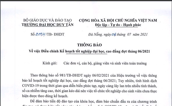 Thông báo Về việc Điều chỉnh kế hoạch tốt nghiệp đại học, cao đẳng đợt tháng 6/2021
