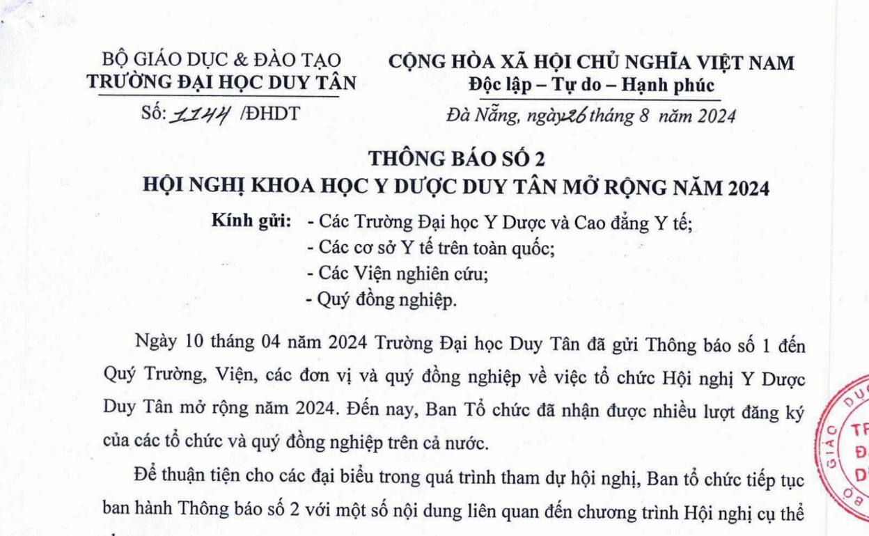 THÔNG BÁO SỐ 2 - HỘI NGHỊ Y DƯỢC DUY TÂN MỞ RỘNG NĂM 2024