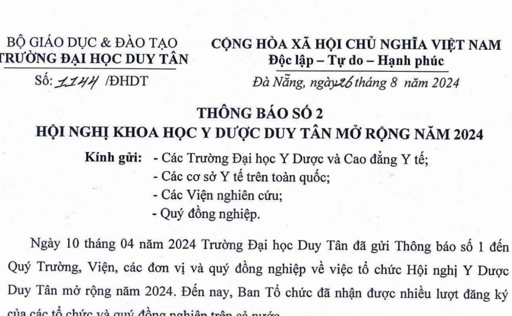 THÔNG BÁO SỐ 2 - HỘI NGHỊ Y DƯỢC DUY TÂN MỞ RỘNG NĂM 2024