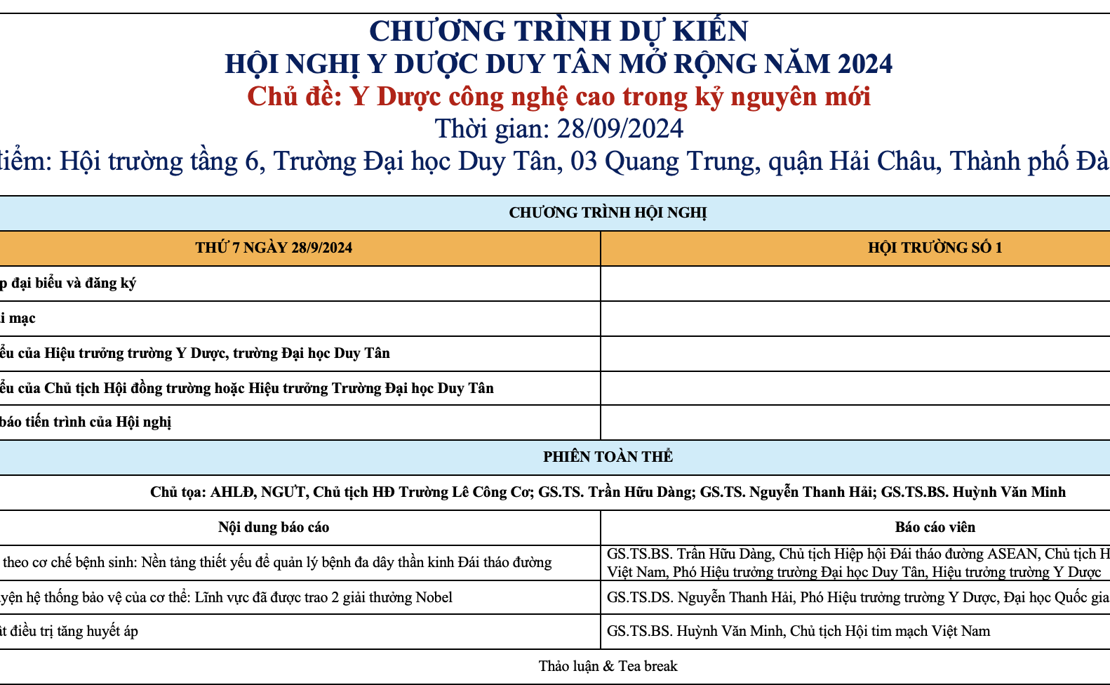 CHƯƠNG TRÌNH HỘI NGHỊ Y DƯỢC DUY TÂN MỞ RỘNG NĂM 2024