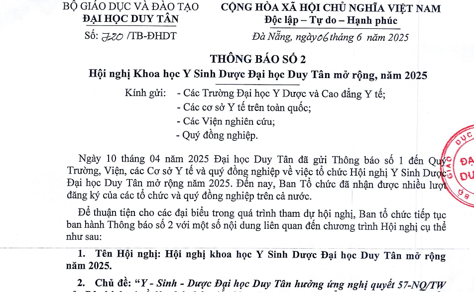 THÔNG BÁO SỐ 2 - HỘI NGHỊ KHOA HỌC Y SINH DƯỢC ĐẠI HỌC DUY TÂN MỞ RỘNG NĂM 2025