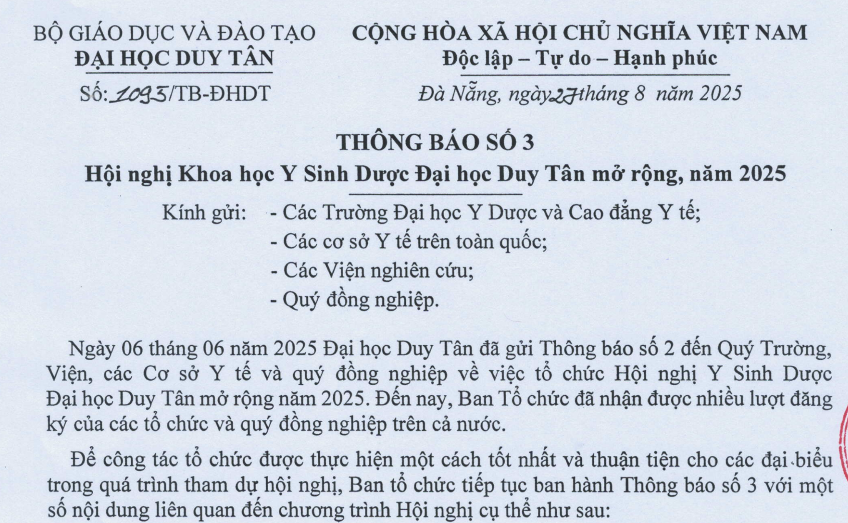 THÔNG BÁO SỐ 3 - HỘI NGHỊ KHOA HỌC Y SINH DƯỢC ĐẠI HỌC DUY TÂN MỞ RỘNG NĂM 2025