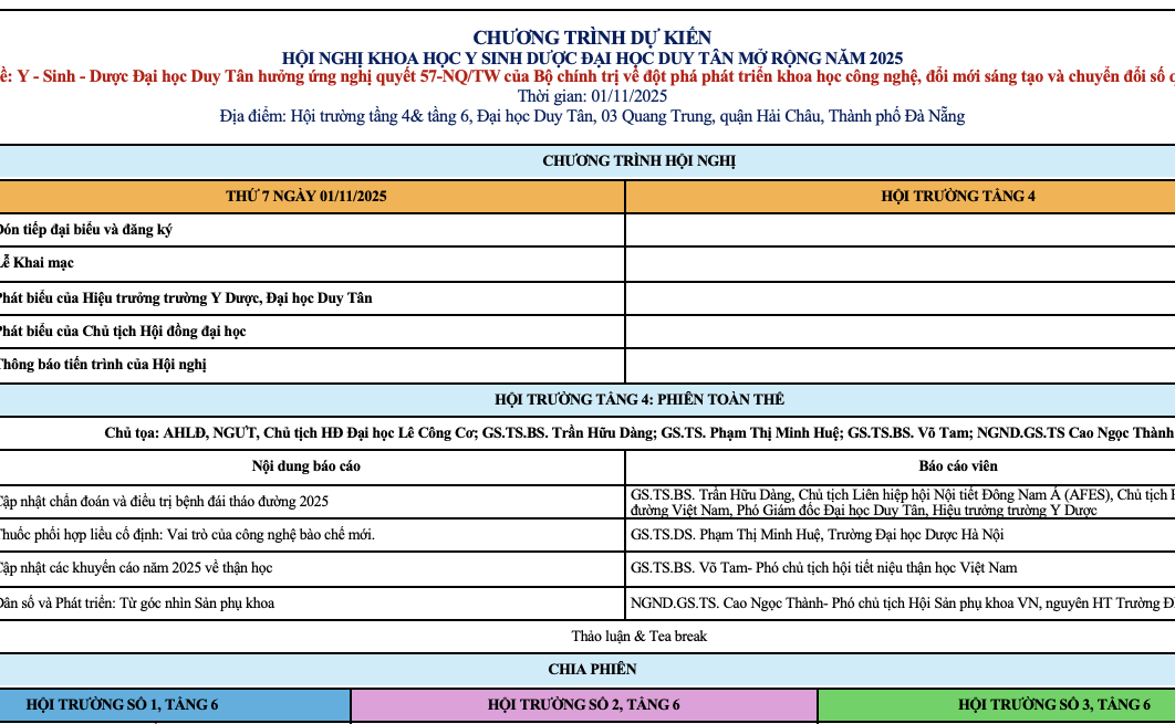 CHƯƠNG TRÌNH DỰ KIẾN HỘI NGHỊ KHOA HỌC Y SINH DƯỢC ĐẠI HỌC DUY TÂN MỞ RỘNG NĂM 2025