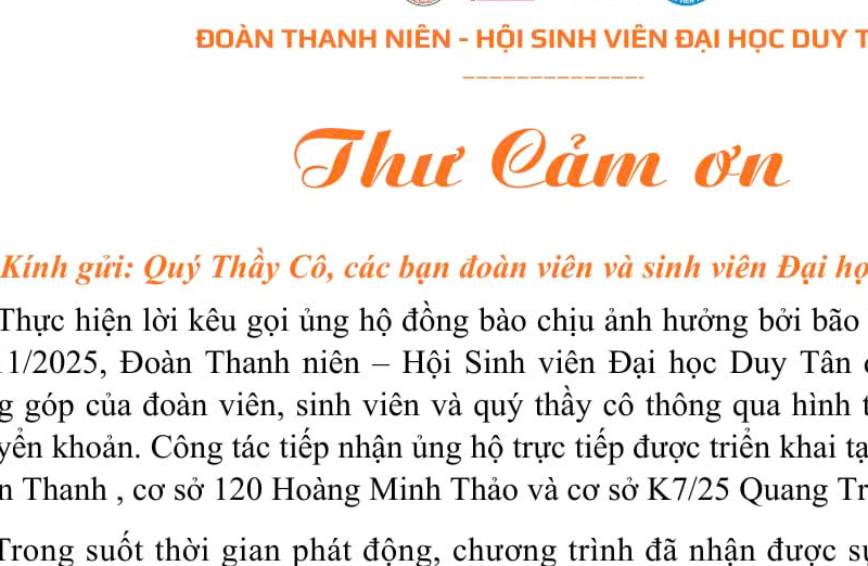 Thư cảm ơn của Đoàn Thanh niên – Hội Sinh viên Đại học Duy Tân về công tác hỗ trợ đồng bào vùng lũ