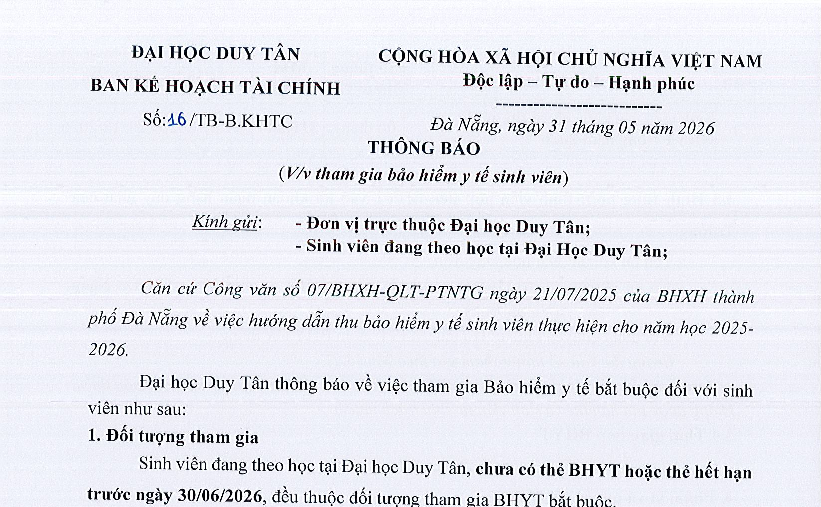 THÔNG BÁO (V/v tham gia bảo hiểm y tế sinh viên)
