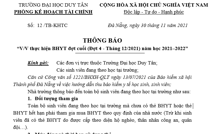 Thông báo về việc thực hiện BHYT đợt cuối (Đợt 4 - Tháng 12/2021) năm học 2021–2022