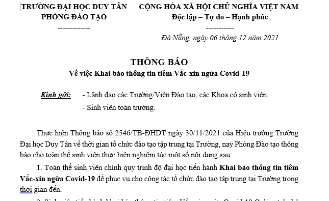 Thông báo về việc Khai báo thông tin tiêm Vắc-xin ngừa Covid-19