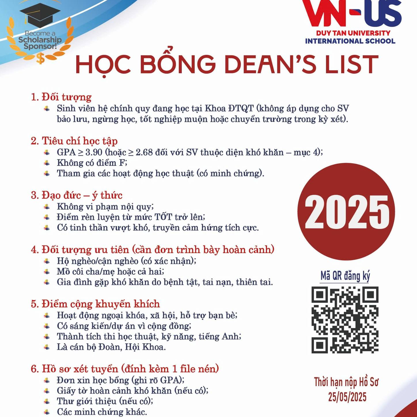 Mở đơn đăng ký xét Học bổng Dean’s List 2025 - Khoa Đào tạo Quốc tế - Đại học Duy Tân