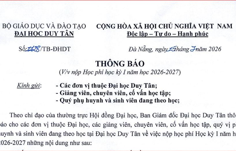 Về việc nộp Học phí học kỳ 1 năm học 2026-2027