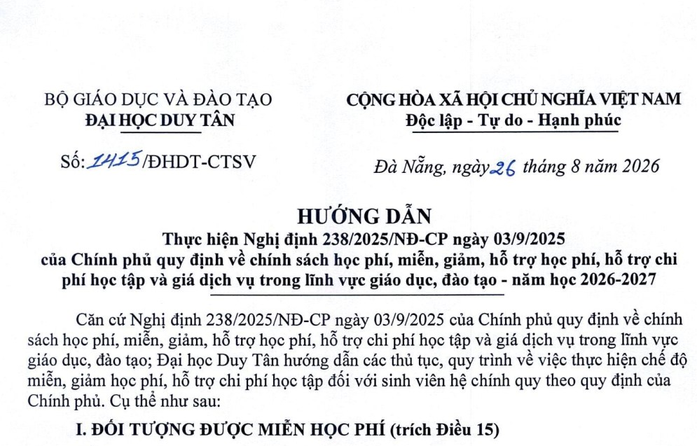 Chính sách học phí, miễn, giảm, hỗ trợ học phí, hỗ trợ chi phí học tập và giá dịch vụ trong lĩnh vực giáo dục, đào tạo - năm học 2026-2027
