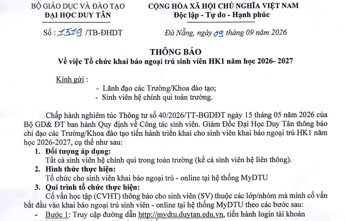 Tổ chức khai báo ngoại trú sinh viên HK1 năm học 2026-2027