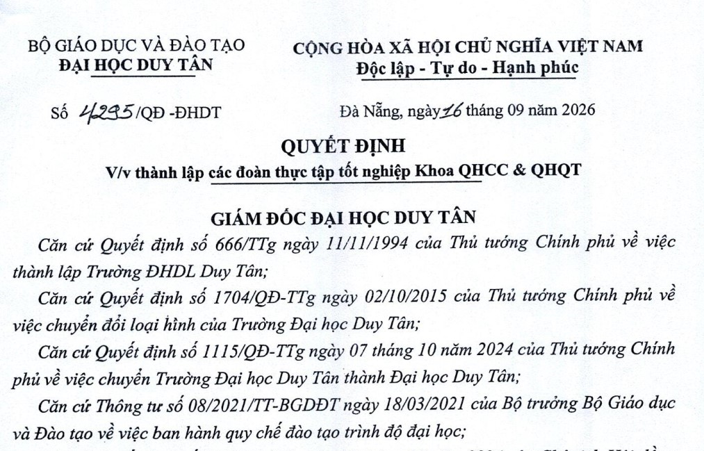 Quyết định về Đoàn thực tập tốt nghiệp - Ngành Quan hệ Quốc tế - Đợt tháng 9 năm 2026