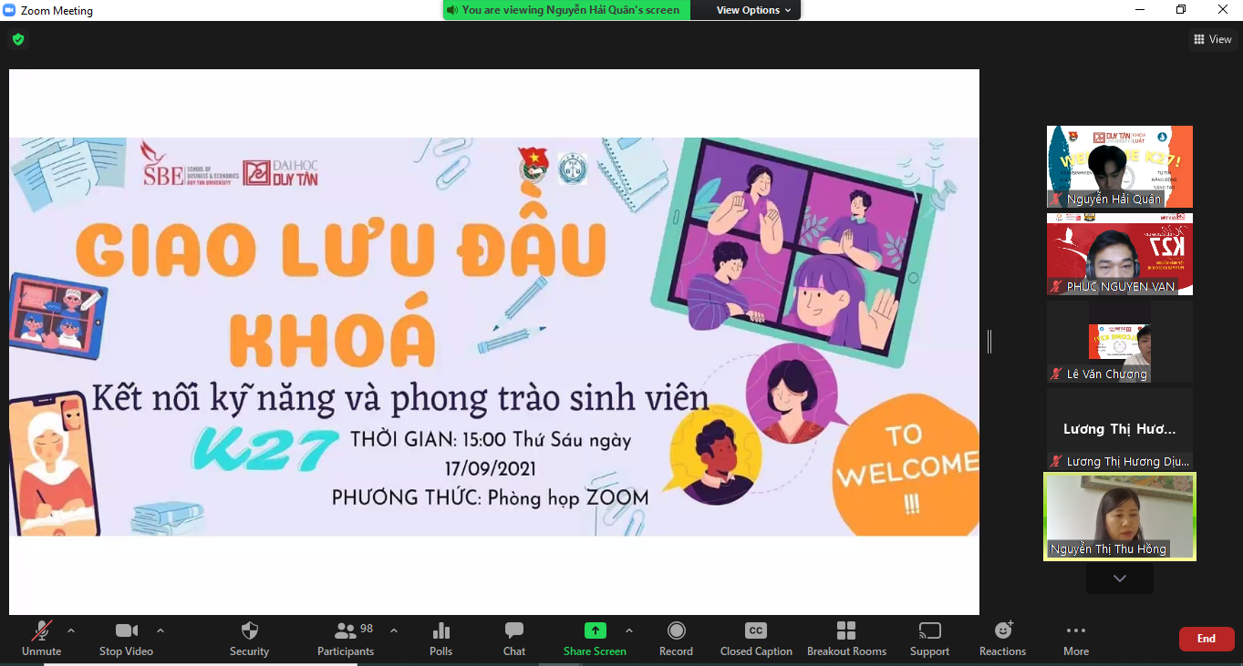 TÂN SINH VIÊN KHOA LUẬT - ĐẠI HỌC DUY TÂN  THAM GIA SINH HOẠT ĐẦU KHÓA TRỰC TUYẾN "KẾT NỐI KỸ NĂNG VÀ PHONG TRÀO SINH VIÊN"