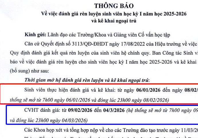 THÔNG BÁO Về việc đánh giá rèn luyện sinh viên học kỳ I năm học 2025-2026 và kê khai ngoại trú