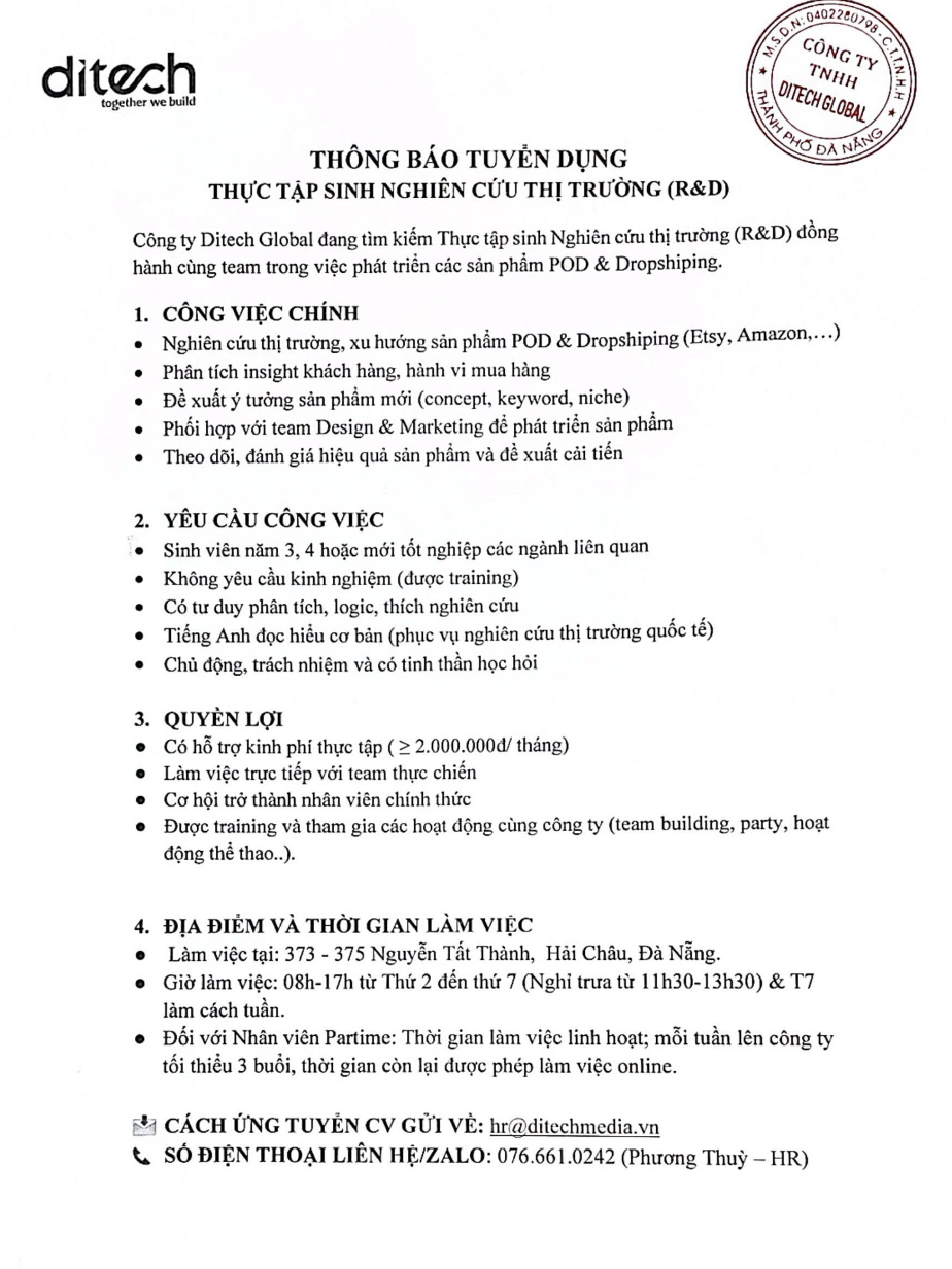 Thông báo tuyển dụng Thực tập sinh Nghiên cứu thị trường (R&D)