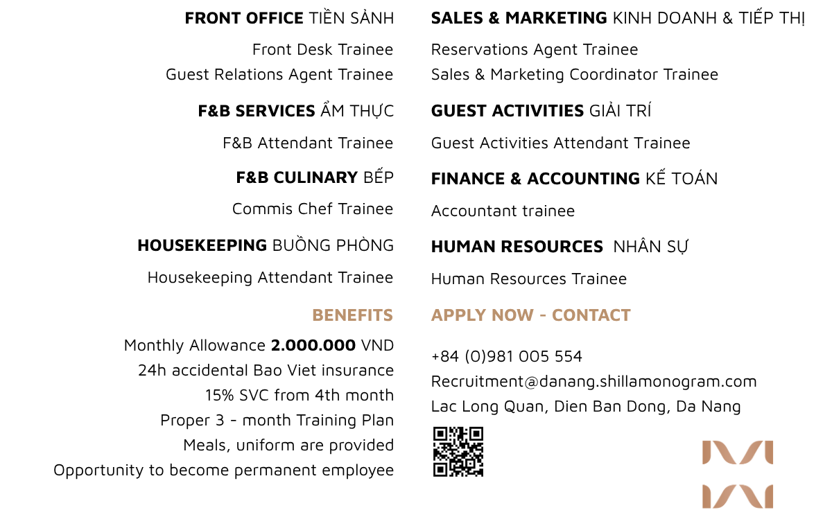 Shilla Monogram Da Nang Resort tuyển thực tập sinh tháng 12/2025