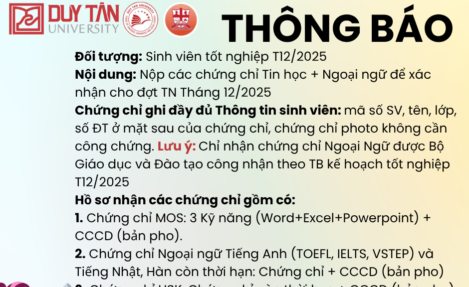 THÔNG BÁO V/v nộp chứng chỉ Tin học + Ngoại ngữ (cần xác minh) cho đợt Tốt nghiệp Tháng 12/2025