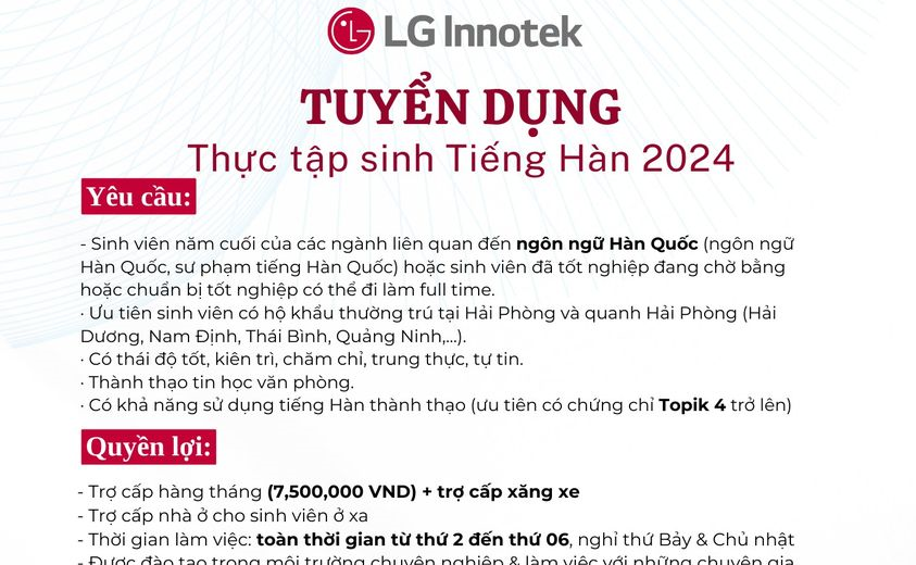 LG INNOTEK tuyển dụng thực tập sinh tiếng Hàn 2024