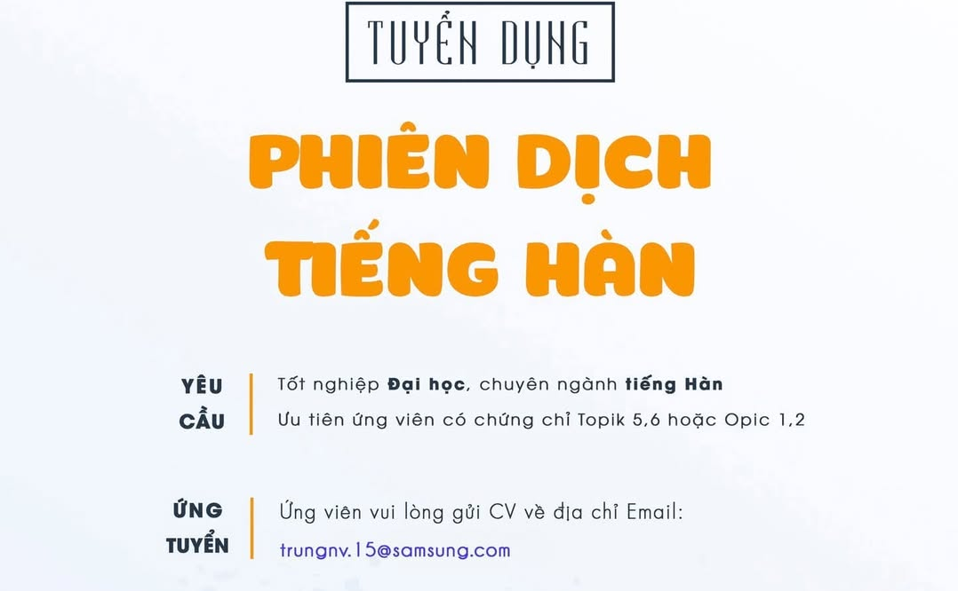 Samsung Display Việt Nam tuyển dụng PHIÊN DỊCH TIẾNG HÀN
