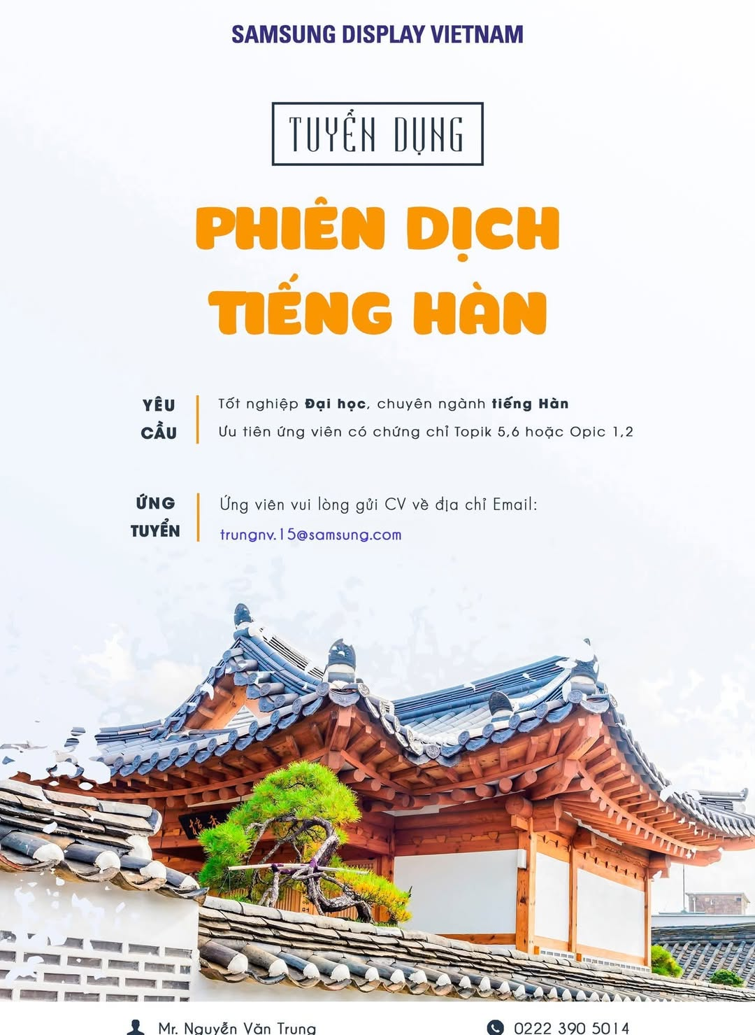 Samsung Display Việt Nam tuyển dụng PHIÊN DỊCH TIẾNG HÀN