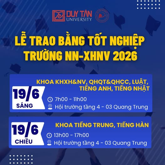 🎓✨ THÔNG BÁO: VỀ VIỆC TỔ CHỨC LỄ TRAO BẰNG TỐT NGHIỆP TRƯỜNG NGÔN NGỮ - XÃ HỘI NHÂN VĂN NĂM 2026