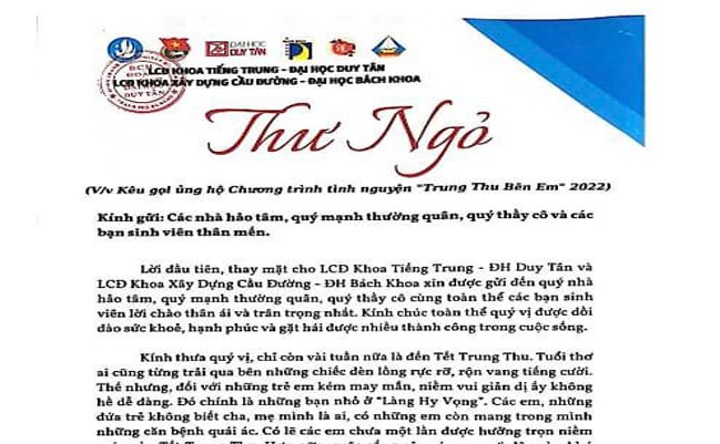 THƯ NGỎ CHƯƠNG TRÌNH TÌNH NGUYỆN “TRUNG THU BÊN EM” 2022