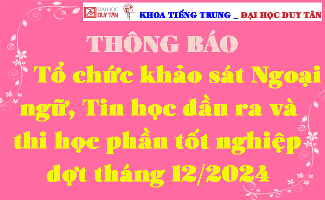 Thông báo 	về việc tổ chức khảo sát Ngoại ngữ, Tin học đầu ra và thi học phần tốt nghiệp đợt tháng 12/2024