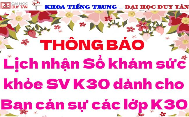 Thông báo Lịch nhận Sổ khám sức khỏe SV K30 dành cho Ban cán sự các lớp K30