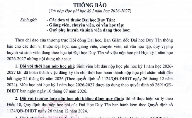 THÔNG BÁO V/v nộp học phí Học kỳ I, năm học 2026–2027