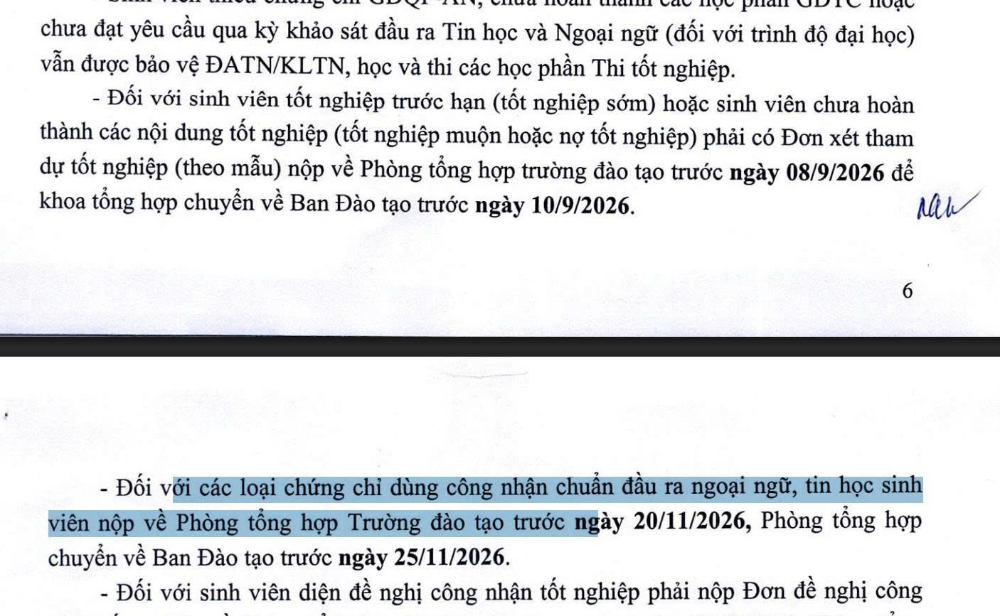 THÔNG BÁO VỀ CÁC MỐC THỜI GIAN NỘP ĐƠN VÀ CHUẨN ĐẦU RA TỐT NGHIỆP THÁNG 12/2026