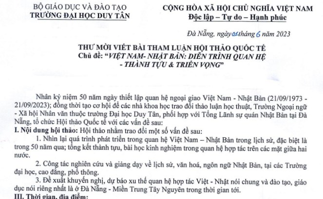 Thư mời viết bài tham luận Hội thảo Quốc tế