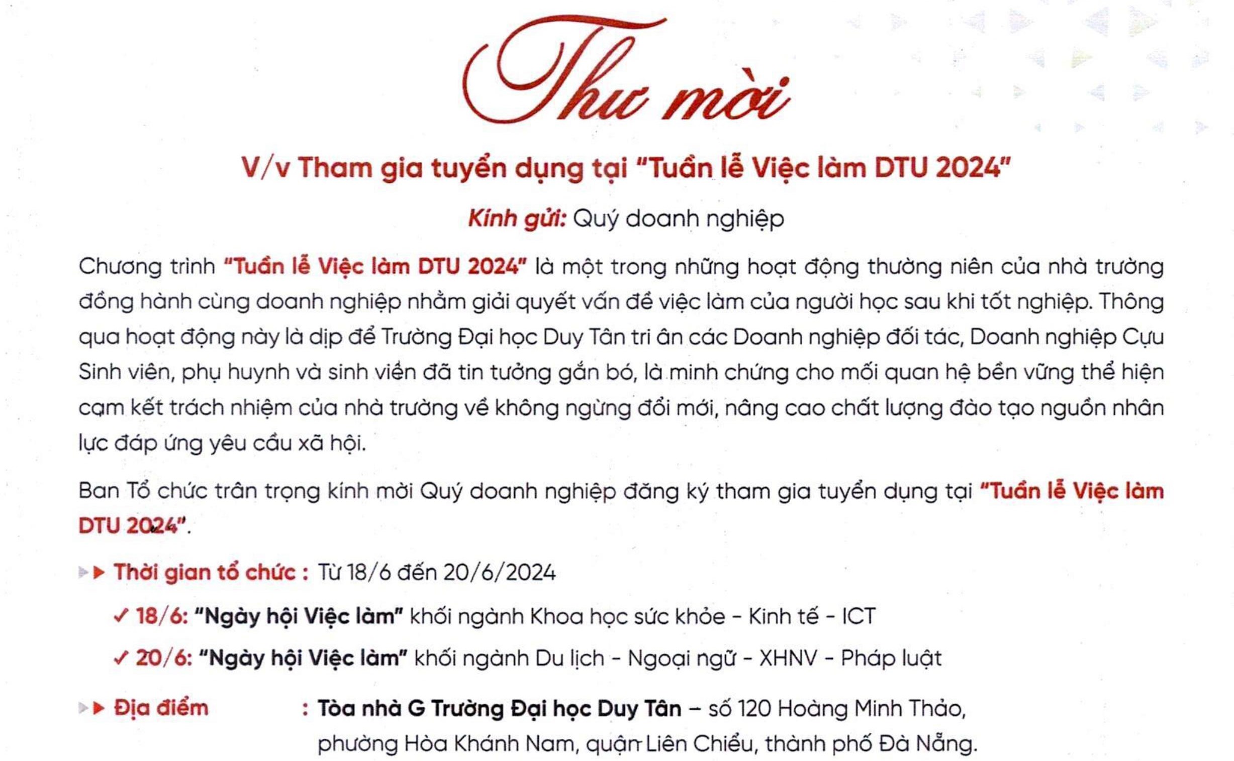 Thư mời tham gia tuyển dụng tại "Tuần lễ việc làm DTU 2024"