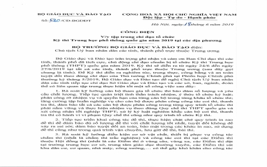 Công điện về việc tập trung chỉ đạo tổ chức Kỳ thi Trung học phổ thông quốc gia năm 2019 tại các địa phương