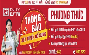 TB Xét tuyển vào Đại học Duy Tân năm 2024 (Đợt bổ sung)