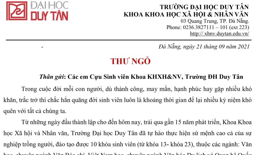 Thư ngỏ gửi các em Cựu sinh viên khoa KHXH&NV