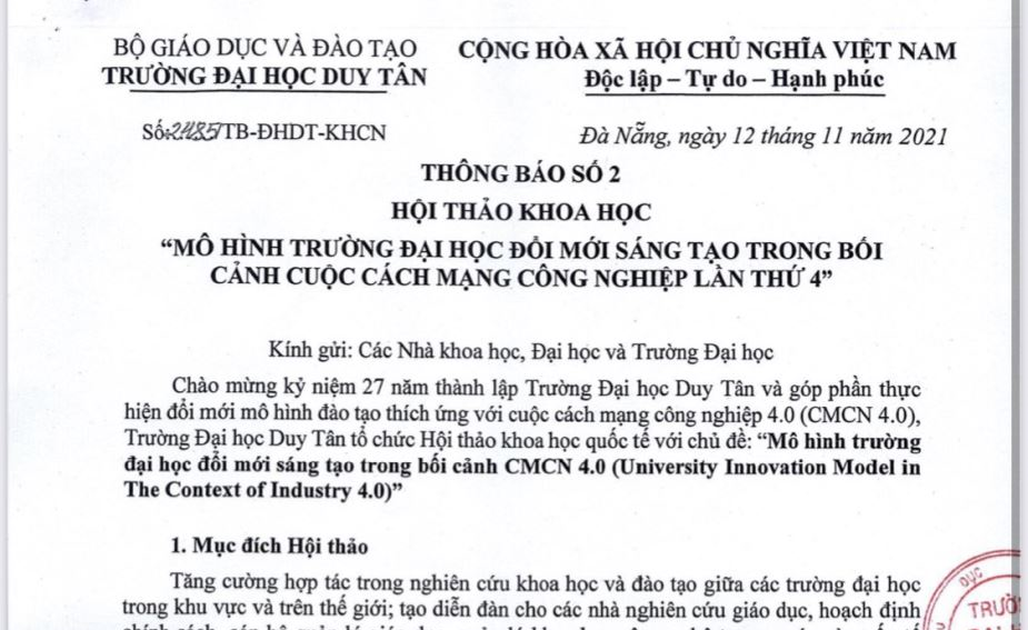 Thông báo hội thảo khoa học " Mô hình trường đại học đổi mới sáng tạo trong bối cảnh cuộc cách mạng cộng nghiệp lần thứ 4"