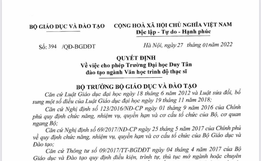 Đại học Duy Tân được phép đào tạo ngành Văn học trình độ thạc sĩ