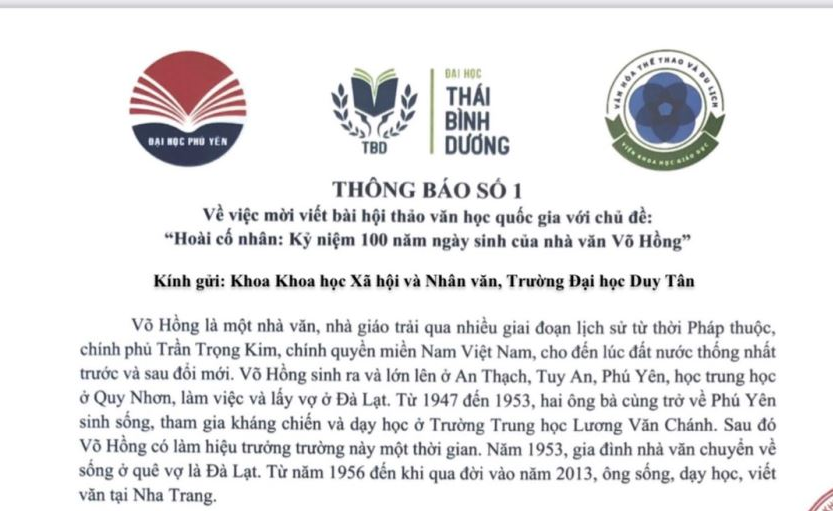 Thông báo mời viết bài hội thảo văn học quốc gia với chủ đề: Hoài cố nhân : Kỷ niệm 100 năm ngày sinh nhà văn Võ Hồng