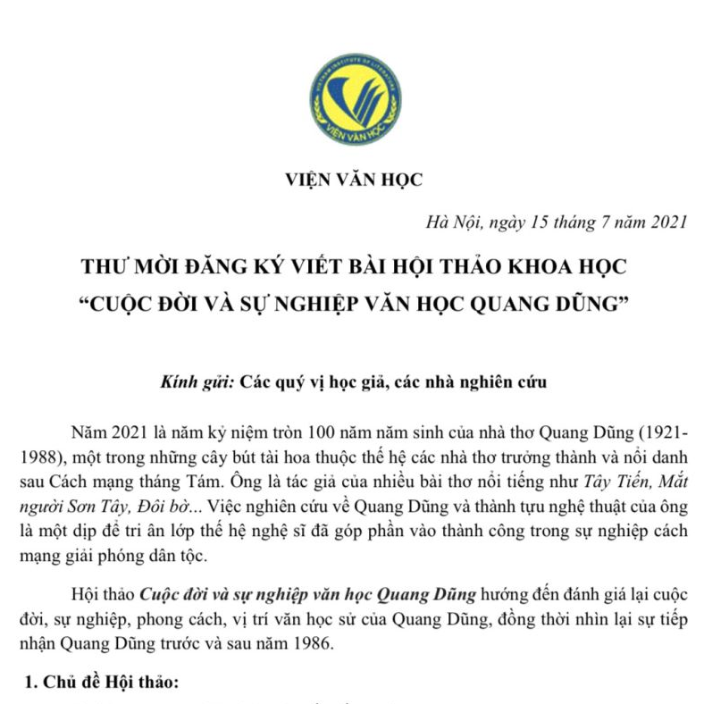 Thư mời đăng ký viết bài hội thảo khoa học "Cuộc đời và sự nghiệp Văn học Quang Dũng"