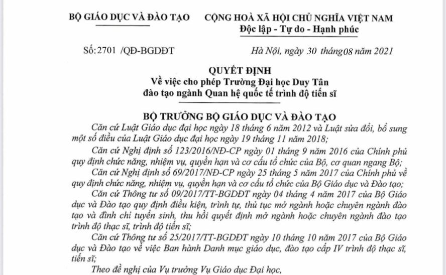 Đại học Duy Tân chính thức đào tạo bậc Tiến sĩ ngành Quan hệ Quốc tế